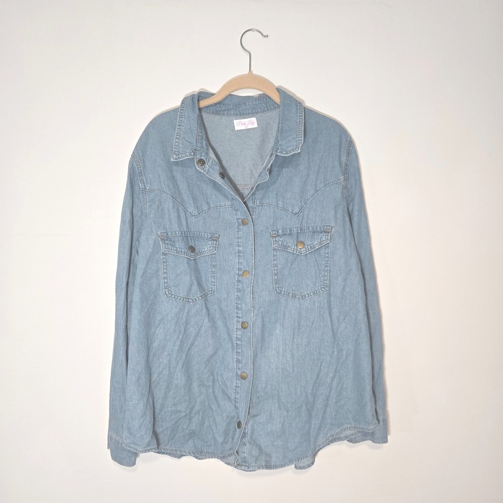 Pink Lily Denim Button Down Shirt Womens XL Blue Western Long Sleeve POP321S2